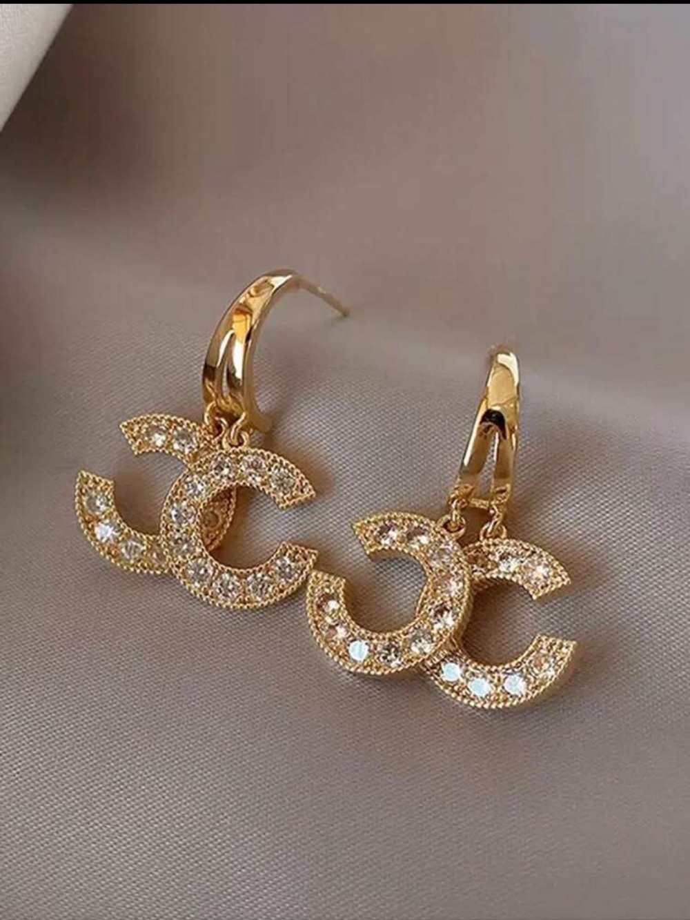 Gold Crystal Double C Drop Hoop Earrings - Women Jewelry
